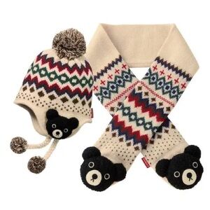 Mikihouse Toddler Bear Earflap Hat and Scarf Set